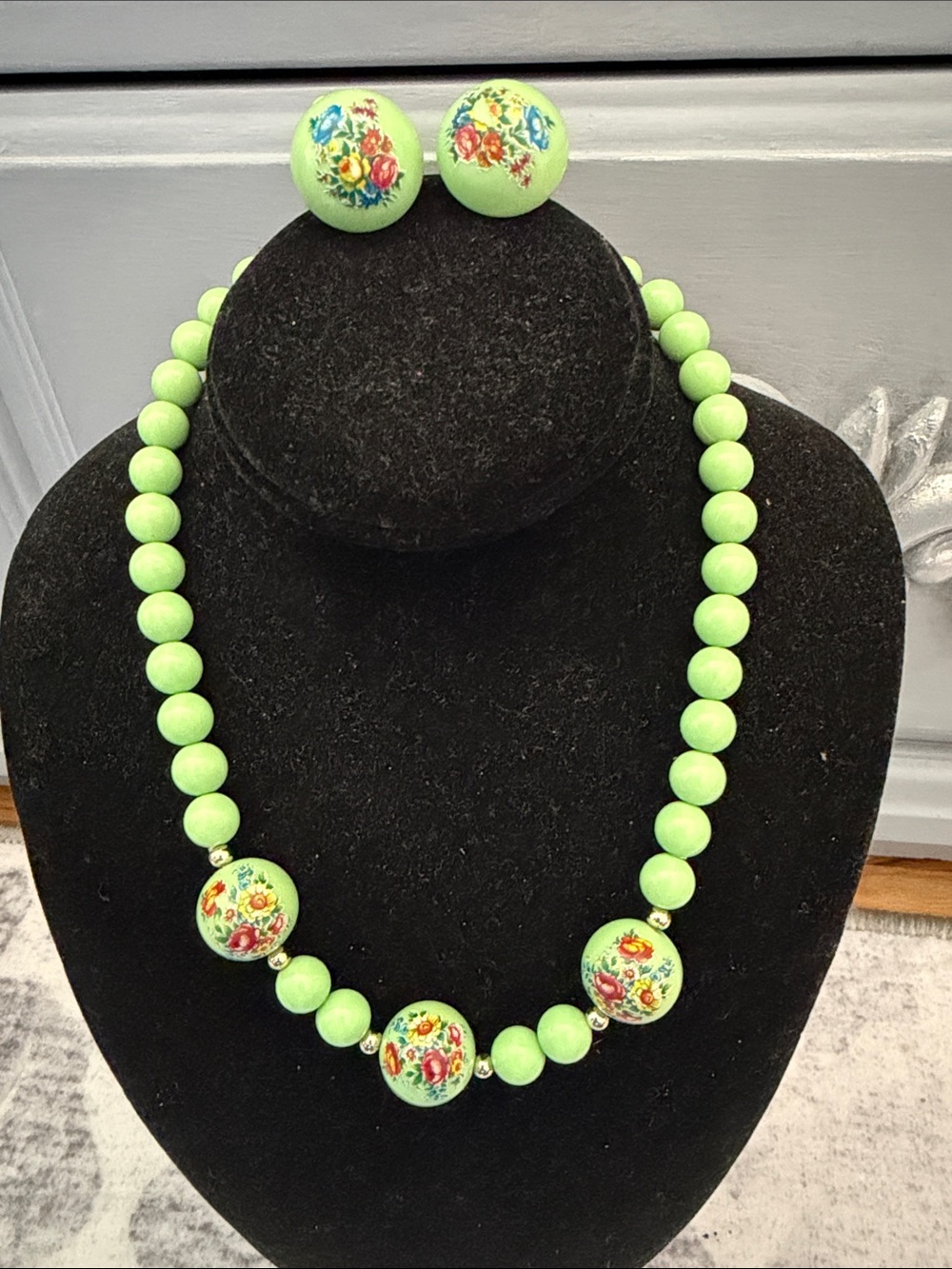 Vintage Mint Green Floral Bead Necklace and clip on  Earrings Set